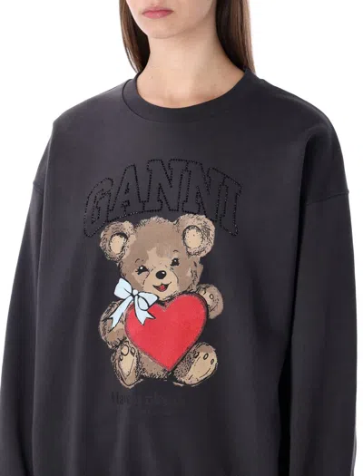 Ganni Bear Graphic Sweatshirt With Rhinestones In Black