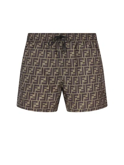Fendi Tech Fabric With All-over Ff Pattern Swim Shorts In Brown