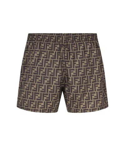 Fendi Tech Fabric With All-over Ff Pattern Swim Shorts In Brown