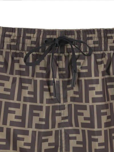 Fendi Tech Fabric With All-over Ff Pattern Swim Shorts In Brown