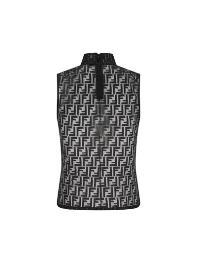 Fendi Women Black Crewneck Sleeveless Top With All-over Ff Motif And Rear Zip Closure In Tech Fabric In Black