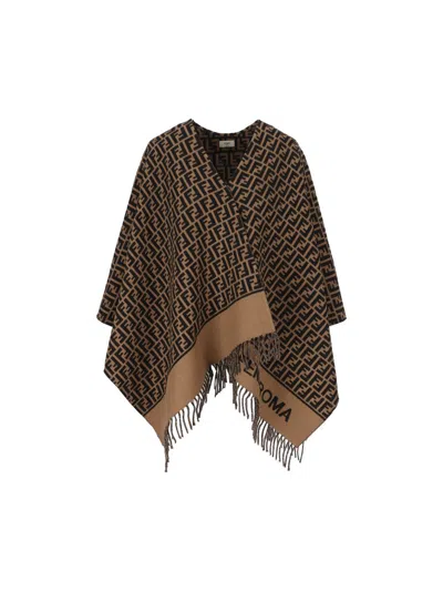 Fendi Jacquard-pattern Fringed Poncho In Brown