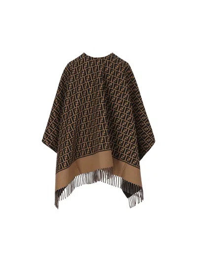 Fendi Jacquard-pattern Fringed Poncho In Brown