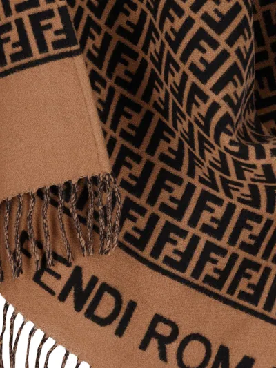 Fendi Jacquard-pattern Fringed Poncho In Brown