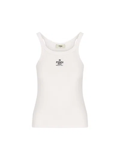 Fendi Women White Ribbed Tank Top With Contrasting Logo Embroidery In Stretch Cotton Woman In White