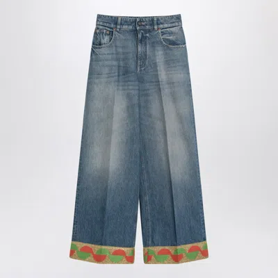 Valentino Wide Leg High Waist Jeans With Colorful Trim In Medium Blue