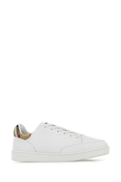 Burberry Leather Sneakers Patterned Heel Rubber Sole In White