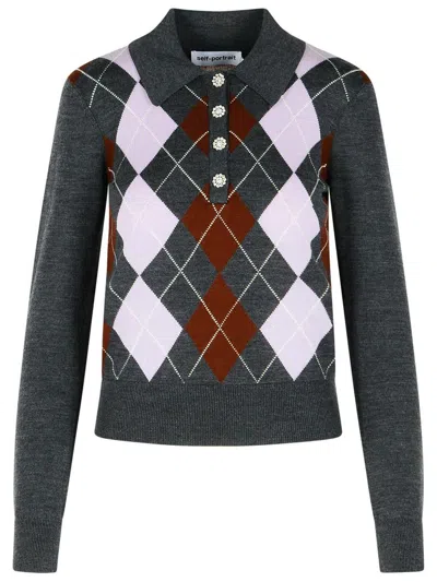 Self-portrait Grey Argyle Lightweight Sweater In Gray