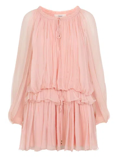 Chloé Tiered Organic Silk Mousseline Mini Dress In Pink
