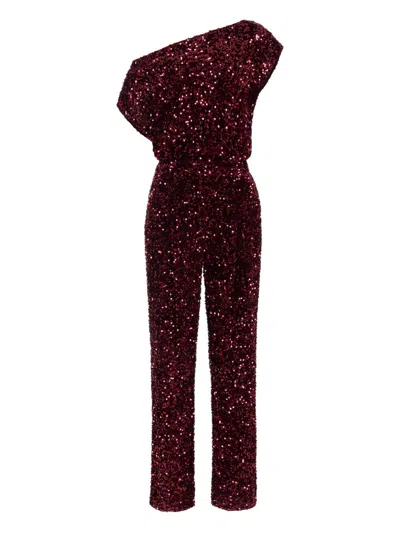 Elisabetta Franchi Chenille Jumpsuit Embroidered With Sequins In Burgundy