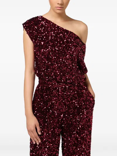 Elisabetta Franchi Chenille Jumpsuit Embroidered With Sequins In Burgundy