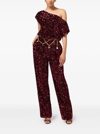 Elisabetta Franchi Chenille Jumpsuit Embroidered With Sequins In Burgundy