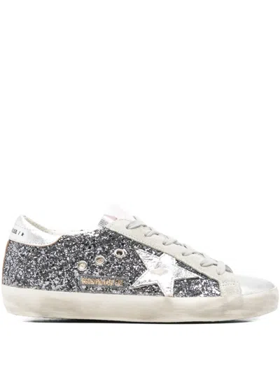 Golden Goose Super-star In Leather With Silver Glitter In Silver