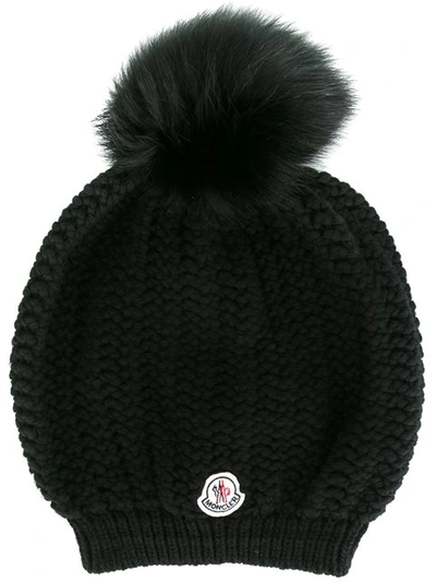 Moncler Pompom Fur And Wool Beanie Hat In Black