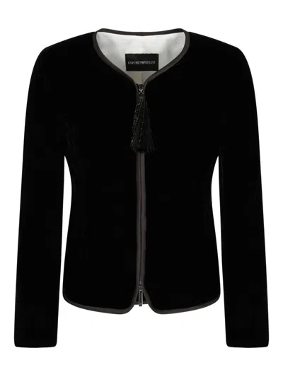 Emporio Armani Women Black Velvet Front Zipper Jacket, S Luxury Jackets For Women Darveys