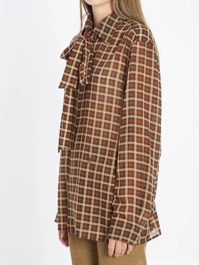 Saint Laurent Wool Shirt Jacket Bow Detail Checks In Multi