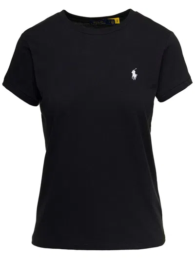 Polo Ralph Lauren Black Crewneck T-shirt With Contrasting Logo Embrodery In Cotton Woman In Black