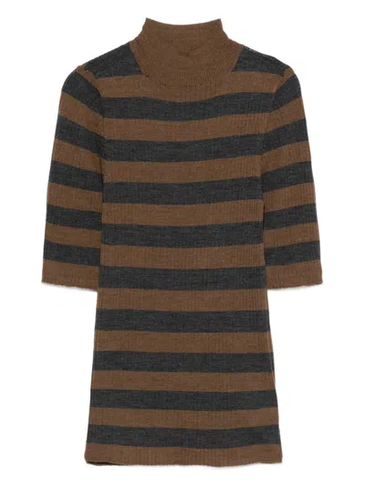 Majestic Filatures Brown Striped Ribbed Knit Top In Brown