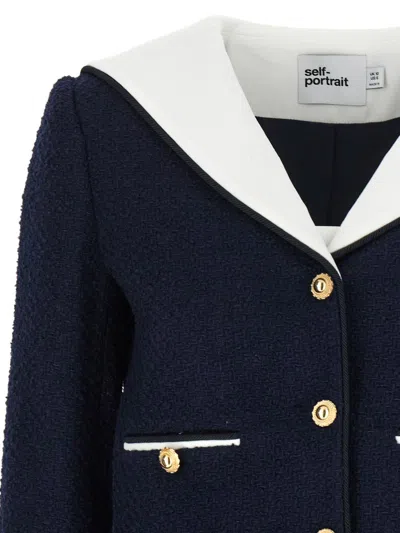 Self-portrait Self Portrait 'navy Boucle Contrast Collar' Blazer In Blue