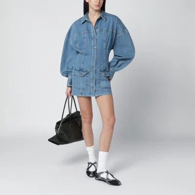 Attico Denim Mini Dress Front Pockets Long Sleeves In Blue