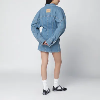 Attico Denim Mini Dress Front Pockets Long Sleeves In Blue