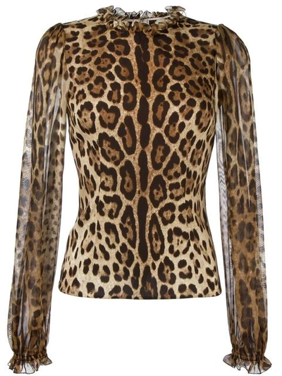 Dolce & Gabbana Leopard-print Sheer-sleeve Blouse, Brown/black Leopard