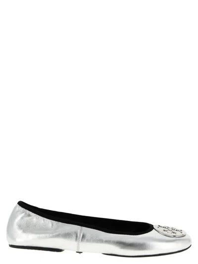 Tory Burch Minnie Travel Leather Ballet Flats In Silver