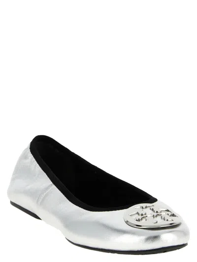Tory Burch Minnie Travel Leather Ballet Flats In Silver
