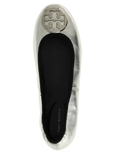 Tory Burch Minnie Travel Leather Ballet Flats In Silver