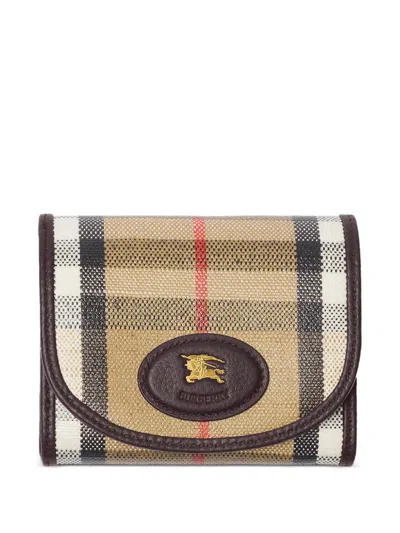 Burberry Compact Wallet With Leather Inserts In Check Pattern In Brown