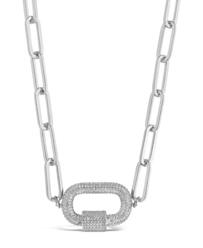 Sterling Forever Pave Cubic Zirconia Carabiner Linked Lock Necklace In Silver