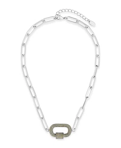 Sterling Forever Pave Cubic Zirconia Carabiner Linked Lock Necklace In Silver