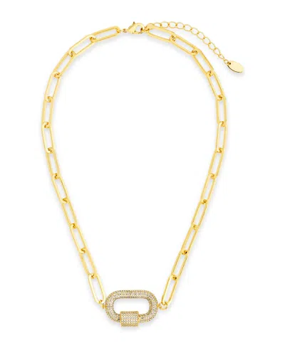 Sterling Forever Pave Cubic Zirconia Carabiner Linked Lock Necklace In Gold