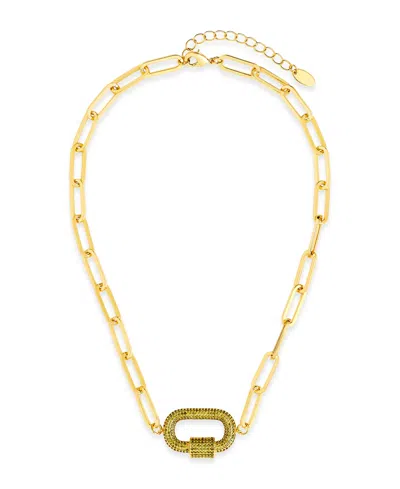 Sterling Forever Pave Cubic Zirconia Carabiner Linked Lock Necklace In Gold