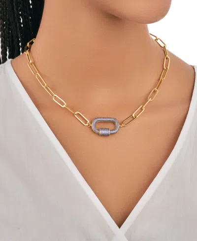 Sterling Forever Pave Cubic Zirconia Carabiner Linked Lock Necklace In Gold