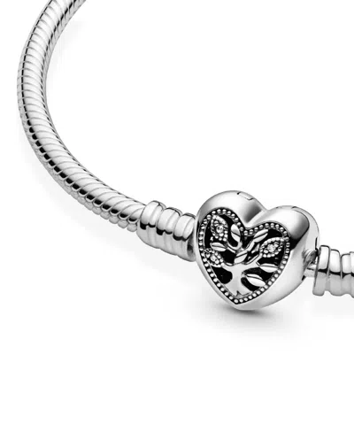 Pandora Moments Cubic Zirconia Family Tree Heart Clasp Snake Chain Bracelet In Metallic