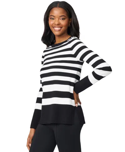 Melissa Paige Petite Striped Side-slit Tunic Sweater In Black