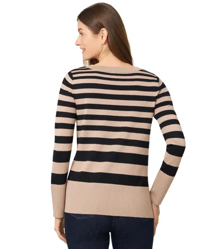 Melissa Paige Petite Striped Side-slit Tunic Sweater In Brown