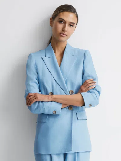 Reiss Blue Petite Double Breasted Linen Blazer In Blue