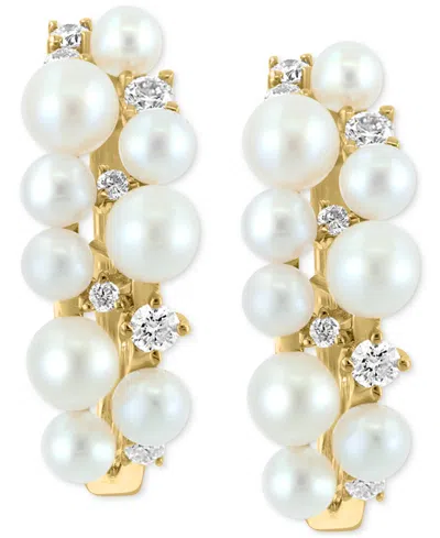 Effy Collection Effy Freshwater Pearl (3-4mm) & Diamond (1/3 Ct. T.w.) Small Cluster Hoop Earrings In 14k Gold, 0.75 In Gold