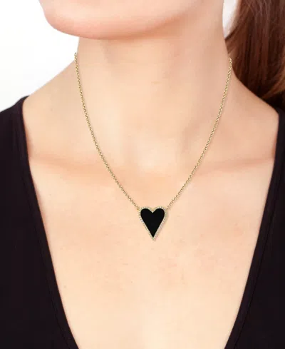 Effy Collection Effy Onyx & Diamond (1/5 Ct. T.w.) Heart Halo Pendant Necklace In 14k Gold, 16" + 2" Extender In Black