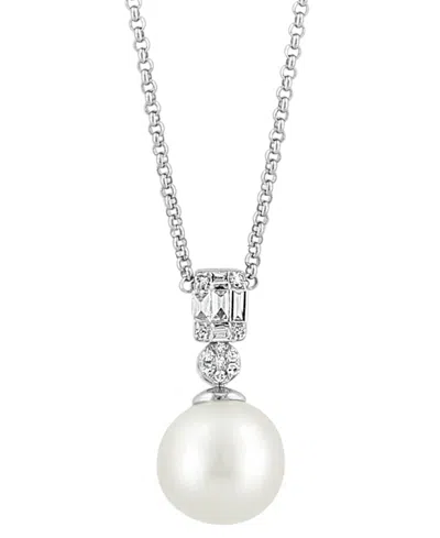 Effy Collection Effy Cultured Freshwater Pearl (9mm) & Diamond (1/10 Ct. T.w.) 18" Pendant Necklace In 14k White Gol In Silver