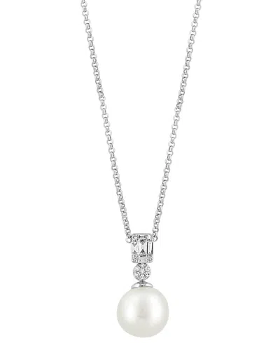 Effy Collection Effy Cultured Freshwater Pearl (9mm) & Diamond (1/10 Ct. T.w.) 18" Pendant Necklace In 14k White Gol In Silver
