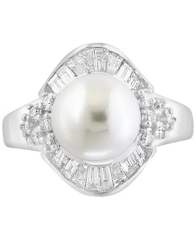 Effy Collection Effy Cultured Freshwater Pearl (11mm) & Diamond (1 Ct. T.w.) Halo Ring In 14k White Gold In Silver