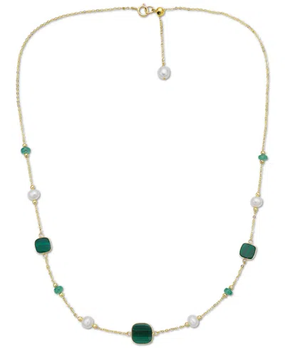 Effy Collection Effy Freshwater Pearl (4-1/2mm), Malachite, & Emerald (1/2 Ct. T.w.) 17" Collar Necklace In 14k Gold In Gold