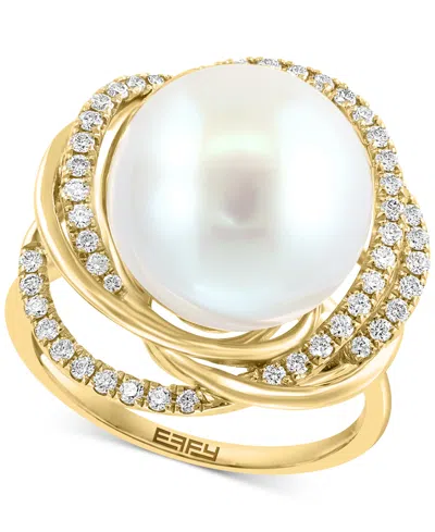 Effy Collection Effy Freshwater Pearl (13mm) & Diamond (1/3 Ct. T.w.) Love Knot Ring In 14k Gold In Gold