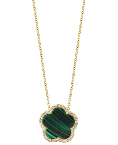 Effy Collection Effy Malachite & Diamond (1/6 Ct. T.w.) Flower Halo 18" Pendant Necklace In 14k Gold (also In Onyx) In Green
