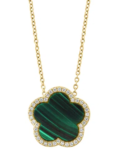 Effy Collection Effy Malachite & Diamond (1/6 Ct. T.w.) Flower Halo 18" Pendant Necklace In 14k Gold (also In Onyx) In Green