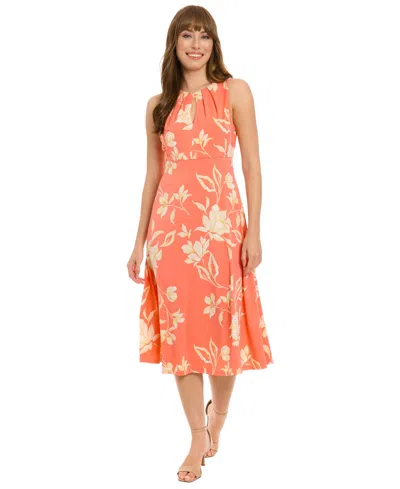 London Times Petite Printed Sleeveless Midi Dress In Orange