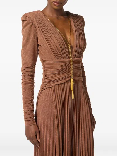 Elisabetta Franchi Red Carpet Lurex Jersey Dress With Necklace In Brown